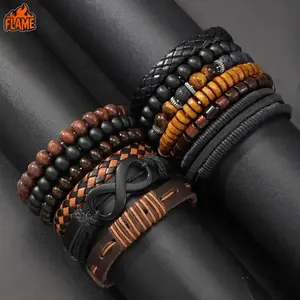 [FLAME] Men's 12-Piece Beaded & Braided Mixed Links Bracelet-Bangle Set, Unisex Fashion Costume Jewelry, All-Match Exquisite Accessory for Party & Daily Use, Ideal Birthday Gift (Yes)