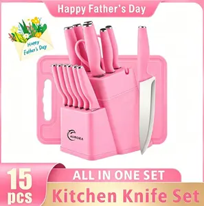 【Best Day Gifts】XBJ 15-Piece Self-Sharpening Kitchen Cutlery Set with Wood Block, Stainless Steel Knives, Stylish Anti-Slip Handles, Dishwasher-Safe Premium German Sharpener Tools for Chopping & Steak Cutting Tasks