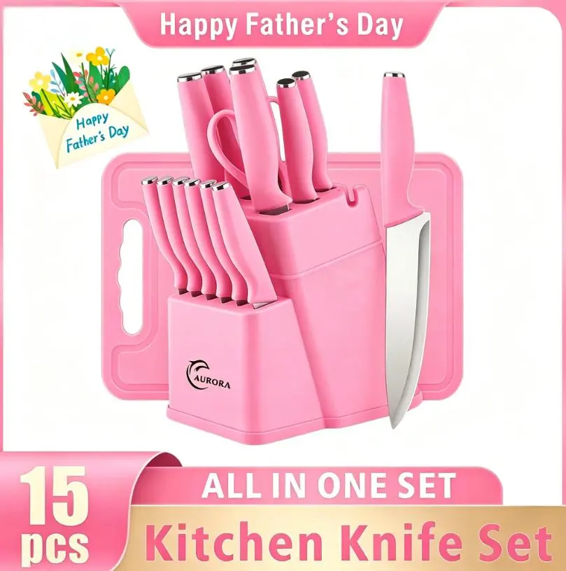 Kitchen Knife Set -15 Pieces, Solid Wooden &Plastic Holder, Chef's Knife,Japanese Knife, Meatand Vegetable Cutter, Chicken Bone Trimmer, GiftSet Utensils Cutting Storage Modern Block HomeMulticolor Stainless Steel German Steak Premium Sharpener with,summe