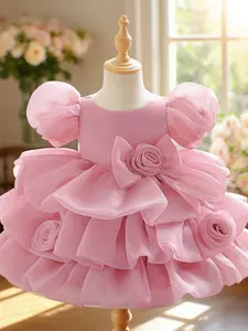 Baby's Plain Bow Decor Bubble Sleeve Dress, Cute Romantic Knee Length Dress for Baby Girls, Newborn Infant Kids Clothes for All Seasons, Baby Clothing, Lovely Bow Dress