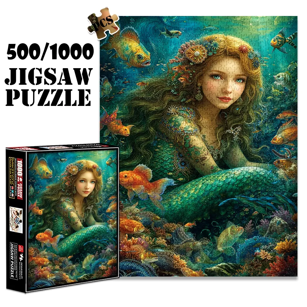 1pc 1000 piece adult puzzle 70x50cm Mermaid with Fish in Underwater Scene 500 pieces of paper jigsaw puzzle, suitable for adults and families, large-scale DIY puzzle interactive toy games, birthday