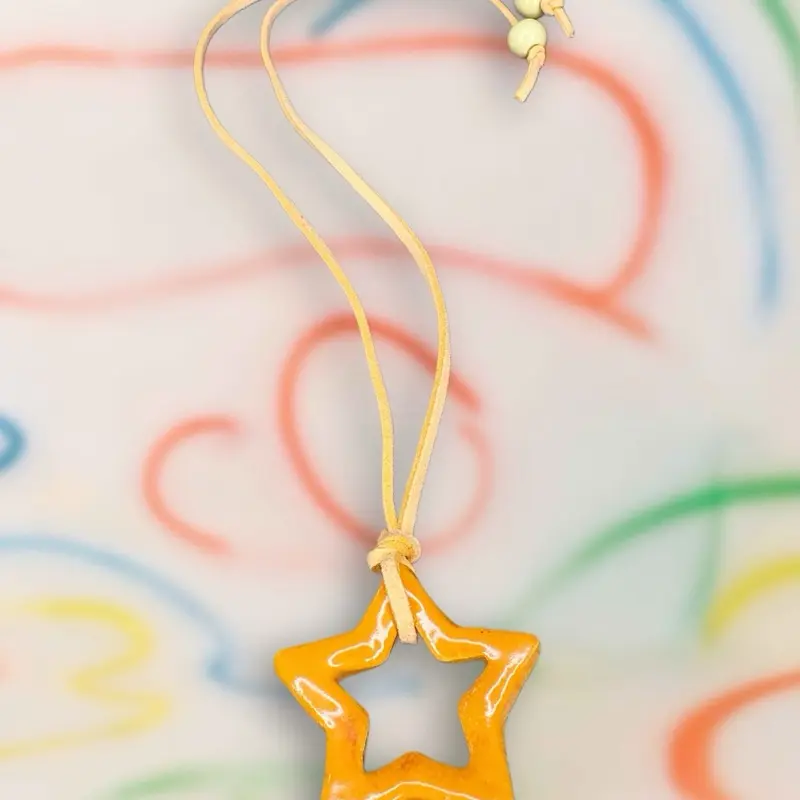 Abstract Star Pendant Ceramic Necklace with Adjustable Leather Cord for Adults Unique Eye-catching Design Handmade Artistry
