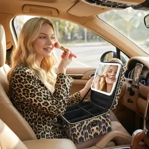 Leopard Print Makeup Bag with LED Mirror - Large Capacity Travel Cosmetic Case, Adjustable Dividers, Portable Makeup Organizer for Makeup Artists, Brides, Gifts - Waterproof Vanity Bag for Women & Girls (Small/Medium/Large Sizes)