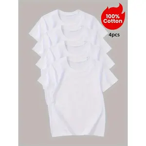 4pcs Boys & Girls 100% Cotton Short Sleeve T-Shirts - Soft Breathable Round Neck Solid Color Tees Suitable for Layering or Wear, Plain White Casual Casual Attire for Spring Summer, Layering Base for Layered Outfits