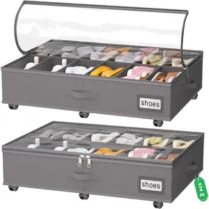 Bed Shoe with Wheels, Fits 24 Pairs, Rolling Shoe Organizer with Bottom & Clear Lids, Sturdy Bed Box for Shoes, Set of 2, Grey