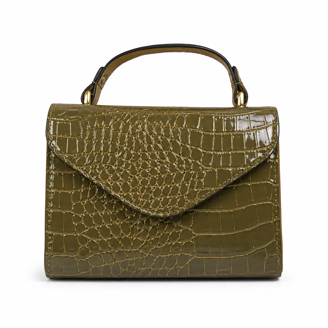 Women’s Olive Green Croc-Embossed Top Handle Handbag, Small Structured Satchel Purse with Glossy Finish, Flap Design and Gold-Tone Hardware, Elegant Bag for Work, Dates and Parties erin ita casual everyday hobo horse clementine