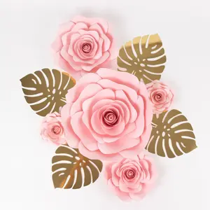 Set of 9 Pink 3D Rose Paper Flowers with Gold Monstera Leaves, Nursery Flower Backdrop Hanging Wall Decor