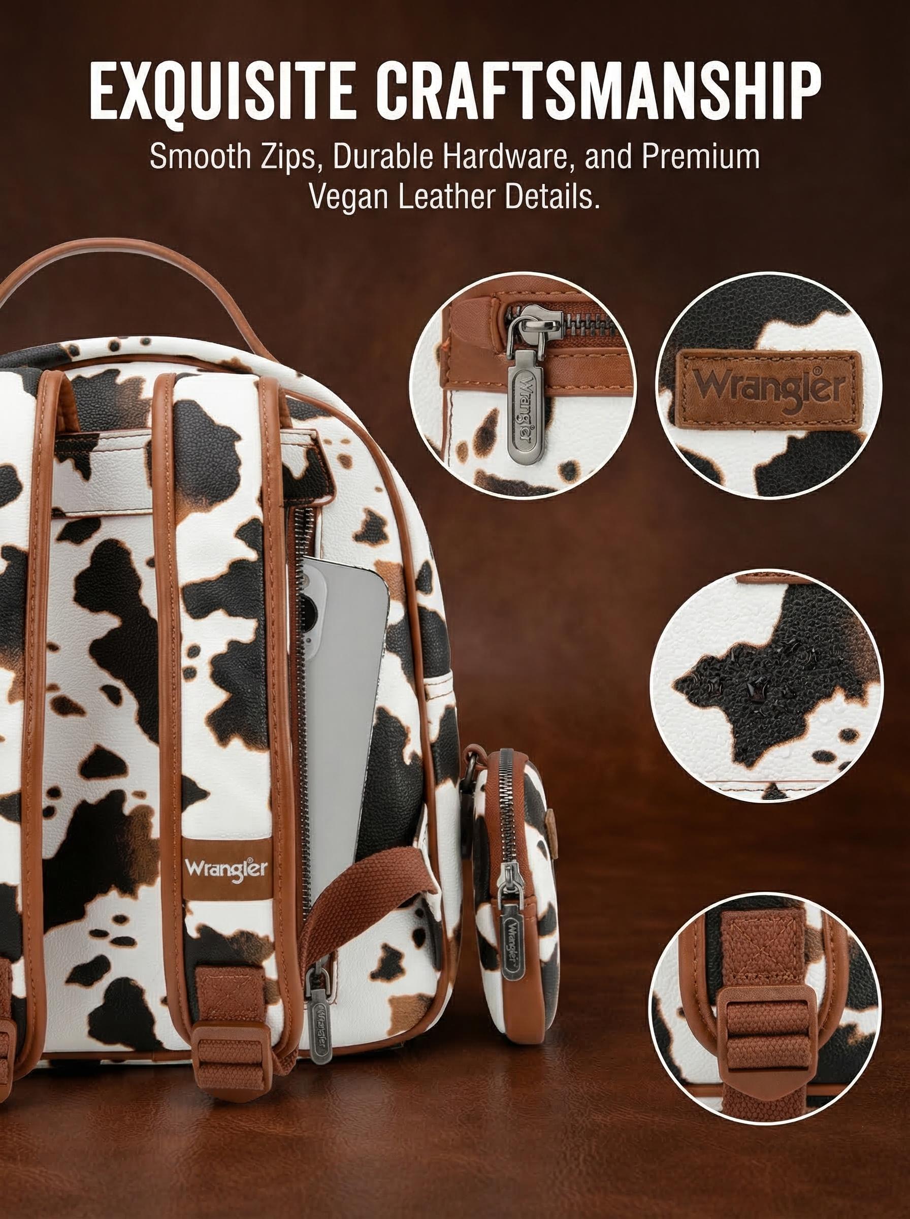 Wrangler Medium Cow Print Backpack Cute Daypacks Bookbag Purse for Women Casual
