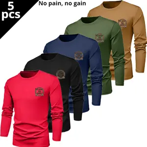 No Pain No Gain Printed Long Sleeve Tees - 5-Pack Men’s Soft Stretch Quick-Dry Gym Daily Shirts Gym Outfit Athletic Activewear men's t shirts 90s graphic tees trendy t-shirts vintage tees