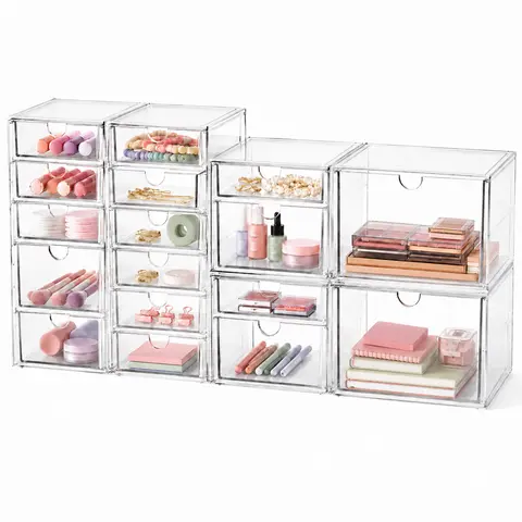 Acrylic Makeup Organizer with 17 Drawers 4 Pack Clear Dustproof Bathroom Counter Storage for Palettes Cosmetics Beauty Supplies Ideal for Vanity Cabinet Desk Organization Containers Smooth