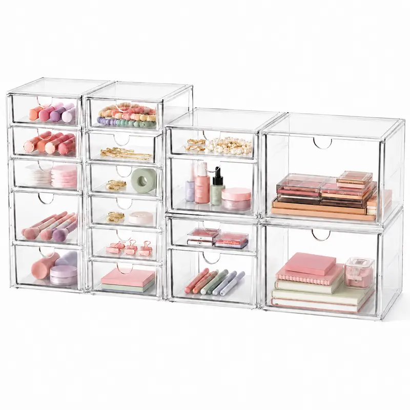 Acrylic Makeup Organizer with 17 Drawers 4 Pack Clear Dustproof Bathroom Counter Storage for Palettes Cosmetics Beauty Supplies Ideal for Vanity Cabinet Desk Organization Containers Smooth