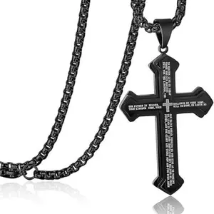 Stainless Steel Cross Pendant Necklace, 4-Color Engraved Bible Verse Religious Jewelry, Cuban Chain for Men, Hip Hop Style Gift Accessory