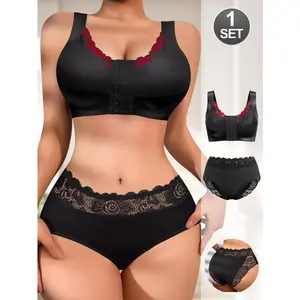 QUASTI 1 Set Lace Sexy Skin-friendly Underwear Set, Bra and Panties, No Underwire T-shirt Comfortable Bra, Breathable Stretch Cup-Lifting Full Coverage Solid Color Panties, S-XXL