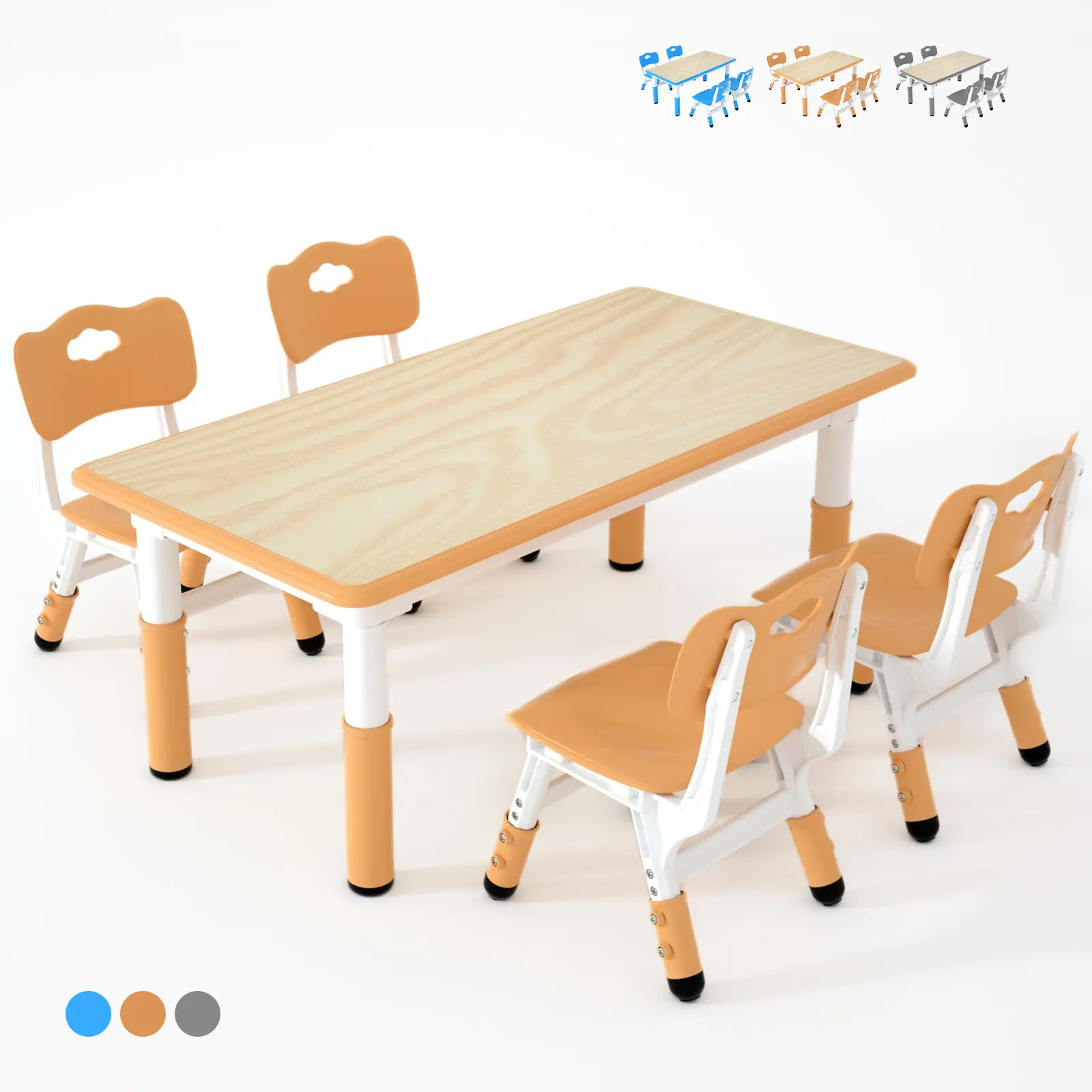 Kids Table and 4 Chairs Set, Height Adjustable Children Table & Chair, Toddlers Study Multi-Activity Table with 47.2"x23.6" Wipe-Clean Desktop for Home, Classroom & Daycare, Blue, Grey, Brown