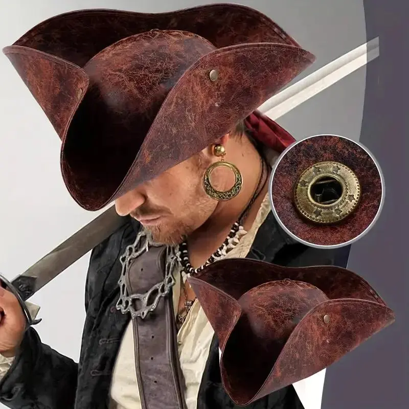 PU Leather Pirate Hat, Unisex Sailor Triangle Cap, Fashion Captain Costume Accessory, Party Costume Accessory, Perfect for Performances & Cosplay Events