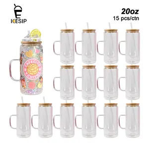 ICESIP Wholesale Bulk 15pcs/ctn 20oz Pre Drilled Snow globe Tall Glass Can with Handle,Glitter Snow Globe Glass Cup for Iced Coffee DIY