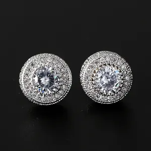 10mm Hip Hop Earring Iced Out Round Stud Earrings with 5A Cubic Zirconia Double Halo Pave Setting for Unisex Daily Wear and Stage Performances