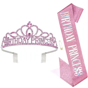 Princess Birthday Crown and Birthday Sash Set, Crown Birthday Tiara for Women Birthday Decorations for Girls Rhinestone Princess Party Decorations Birthday Gifts