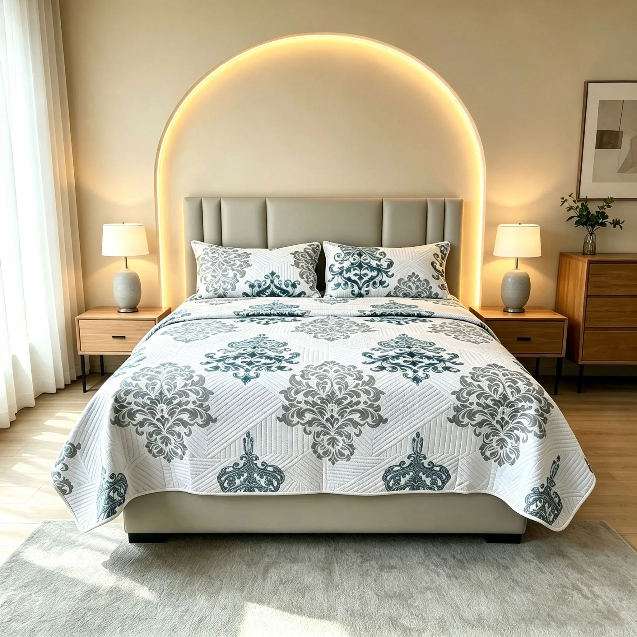 Queen/King 3-Piece Durable Ultrasonic Geometric Coin Print Bedding Set, Reversible Embossed Comforter, Pet-Friendly Stitch-Free Coverlet, Lightweight All-Season, Machine Washable, Fade Resistant
