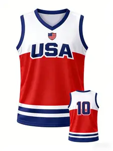 Customized basketball jerseys for the US team, featuring red, white and blue color combination, quick-drying and breathable fabric, V-neck and sleeveless design, USA Shield style American sports jersey
