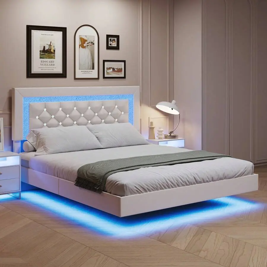 Tufted Modern PU Leather Platform Bed Frame with Diamond Tufting, Floating Headboard & Base, LED Lighting, No Box Spring Needed, Easy Assembly Required, Multi-Size (Queen/Twin/Full), Floor Door Compatible, Luxury Indoor Furniture, Floating Base