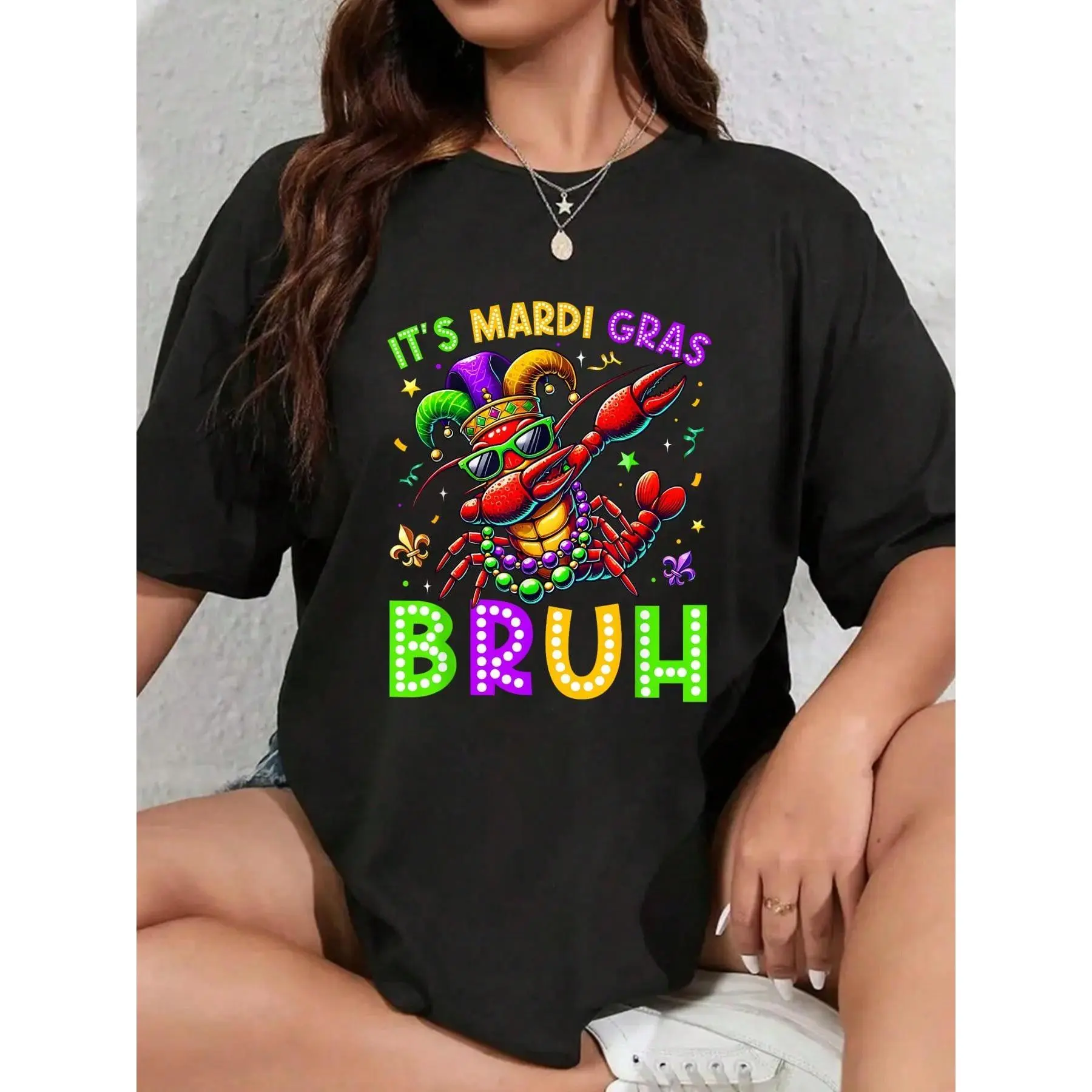 Unisex Casual Cartoon Print T-Shirt, Breathable Soft Knitted Cotton Shortsleeve Top with Dabbing Crawfish Graphic and Round Neck