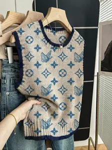 Women's Casual Fitted Knit Top, Spring Summer Round Neck Sleeveless Sweater, Deep Blue Geometric Print, Fall Winter, Womenswear