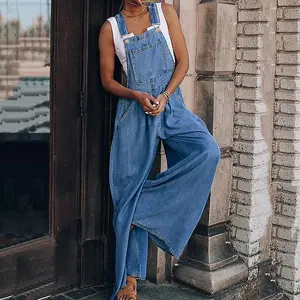 [US Shipping] MW Shiny Women's Denim Bib Overalls Wide Leg Loose Fit Ripped Adjustable Strap Casual Sleeveless Cargo Jeans Jumpsuits