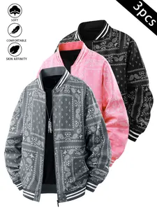 3 pcs men’s casual bomber jacket with nut pattern and baseball collar, vintage lightweight bomber jacket with baseball collar, classic fabric, men’s fashion, men’s jackets, streetwear, men’s clothing