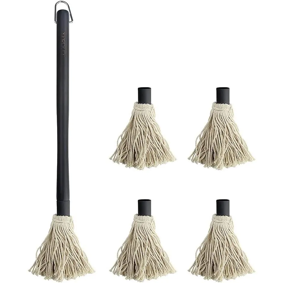 Grill Basting Mop,  18 Inch Grill Basting Brush BBQ Mop Black Wooden Long Handle with 4 Extra Replacement Heads for Grilling  Barbecue Steak