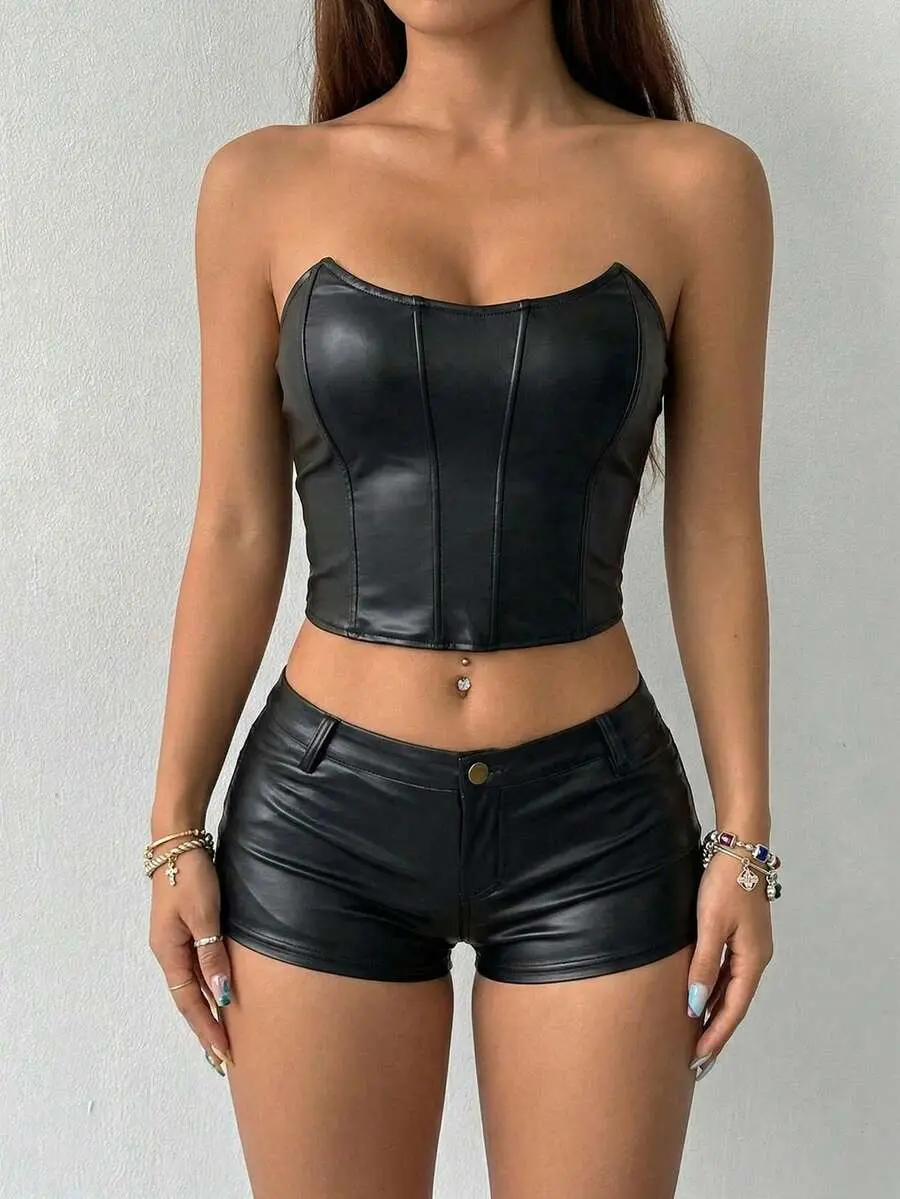 Women's Black Faux Leather Bandeau Tube Top & Shorts 2 Piece Set Waist Cinched Sexy Party Outfit Fall Winter