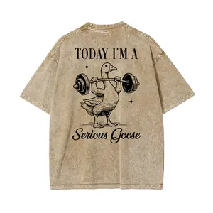 Men's Oversized Round Neck "Today I'm a Serious Goose" Graphic Shortsleeve Tshirt - Washed Batik Cotton, Retro Clothes, Vintage Casual Stretch Pre-Shrunk Super Soft Fabric, S-5XL Unisex Streetwear Top