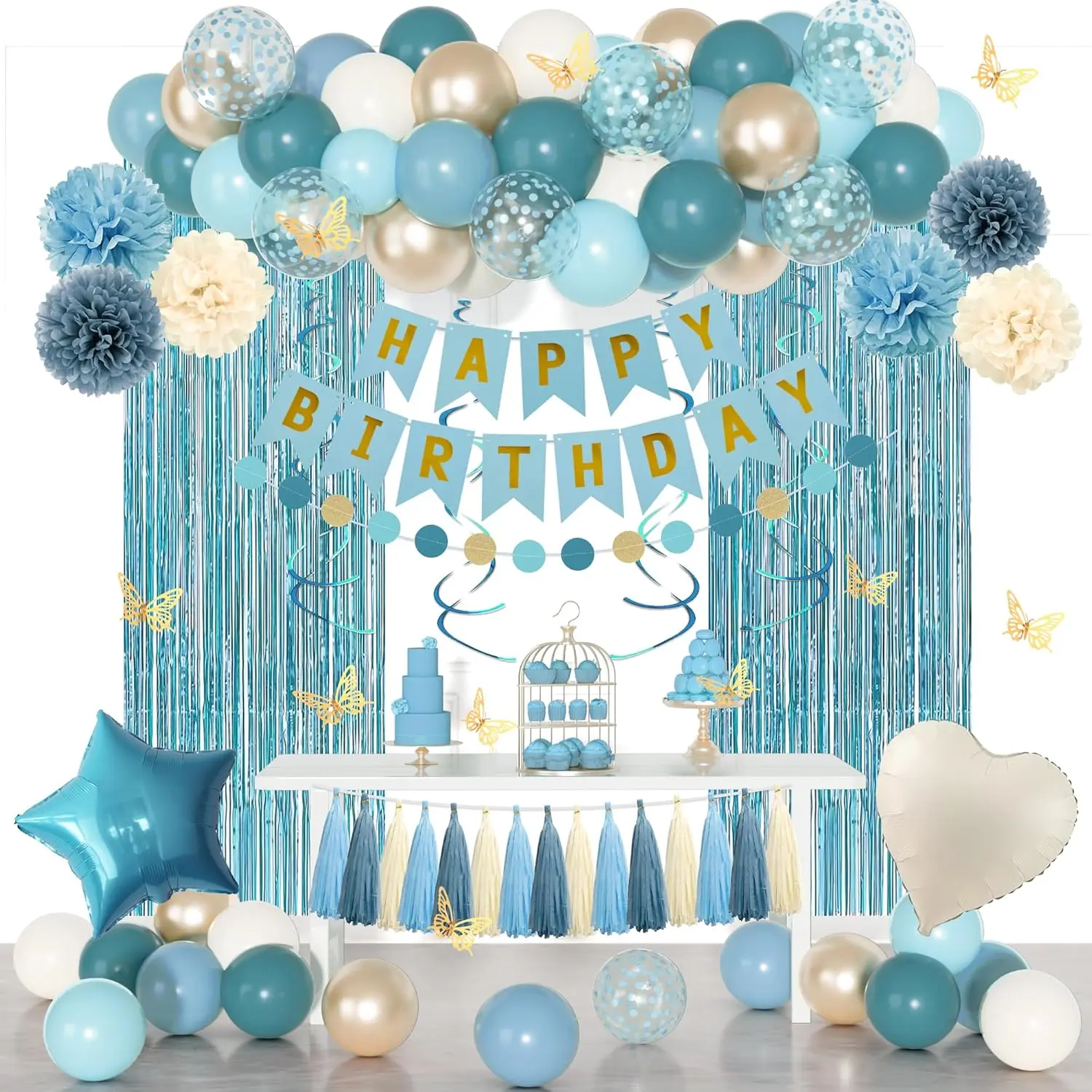Classy Dusty Blue Adult Party Decorations Kit - Gold Balloons, Happy Birthday Banner, Fringe Curtains, Butterfly Hanging Swirls, Circle Dots, Tassels, Pom-Poms, Sand Confetti, Ideal for Distinct Age Groups, Baby Shower Supplies, None