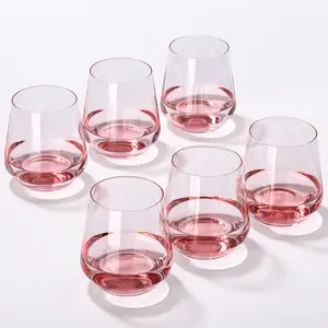 Pink Stemless Wine Glasses Set of 6 - Hand Blown White Red Stemless Wine Glass - 17 oz, [Lead-Free Crystal Glass] Large Short Glass Tumblers, Unique Gift for Birthday, New Year, Christmas