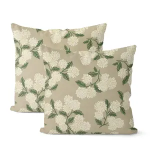 2 Pieces Beige Spring Pillow Cover, Khaki Green Hydrangea Decorative Pillow, Retro Floral Summer Seasonal Outdoor Decor Pillowcase, Linen Polyester Sofa Cushion Cover