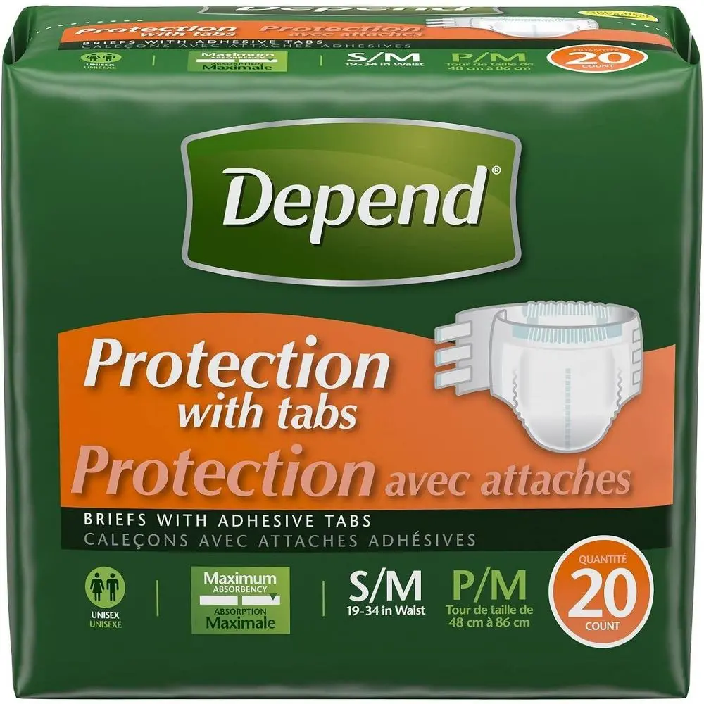 Depend Protection with Tabs Maximum Briefs S/M 20 Count 19-34 in Waist, Pack, Adjustable