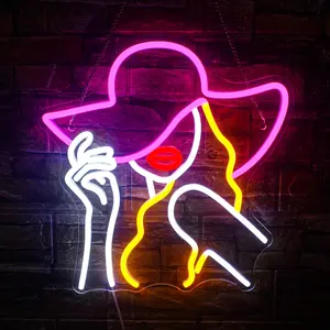Hat for Ladies Neon Sign Light, USB Powered Creative LED Wall Light, Decorative Atmosphere Lighting for Bar, Shop, Cafe, Restaurant, Window Display, Game Room, Home Room, Led Neon Lights, Neon Lamps