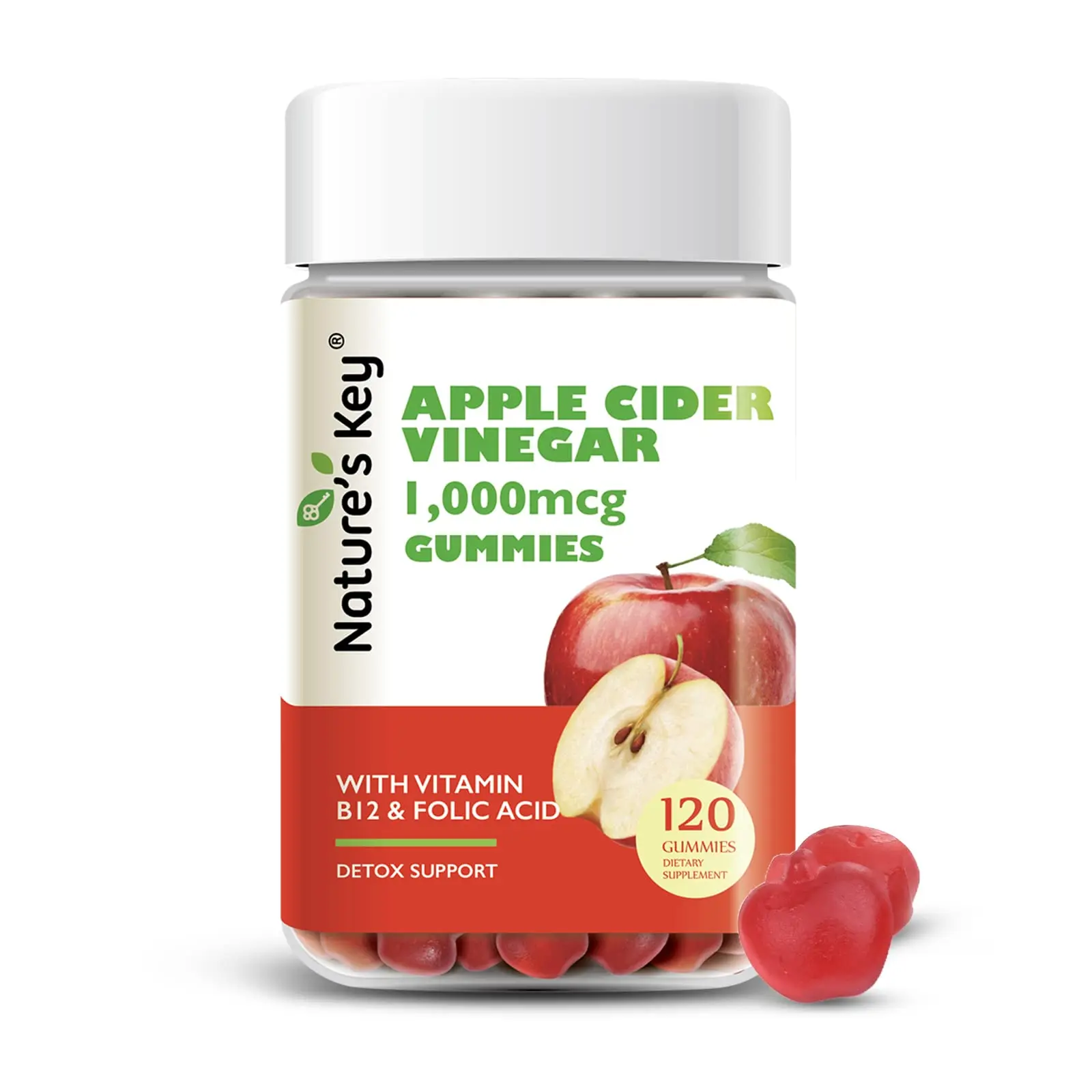 Nature's Key Chewable Apple Cider Vinegar Gummies, 120 Vegan Gummies with Vitamin B6, B12, Folic Acid, Beetroot, Pomegranate, Fiber, Gluten-Free, Metabolism & Daily Wellness Support, Easy-to-Take ACV Gummies