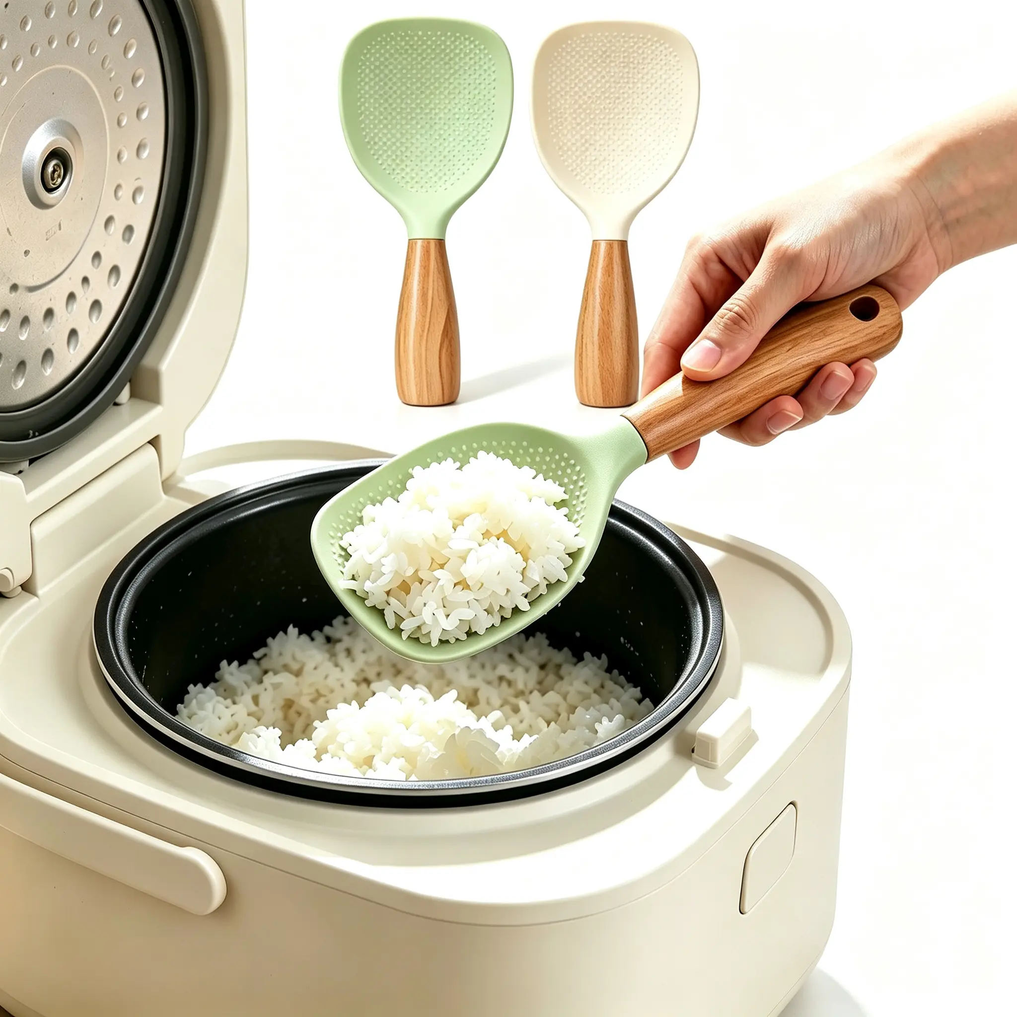 Heat-Resistant Silicone Spoon with Handle, Non-Stick Kitchen Utensil for Rice Cooker Serving & Mixing, Safe for Nonstick Cookware Home Use