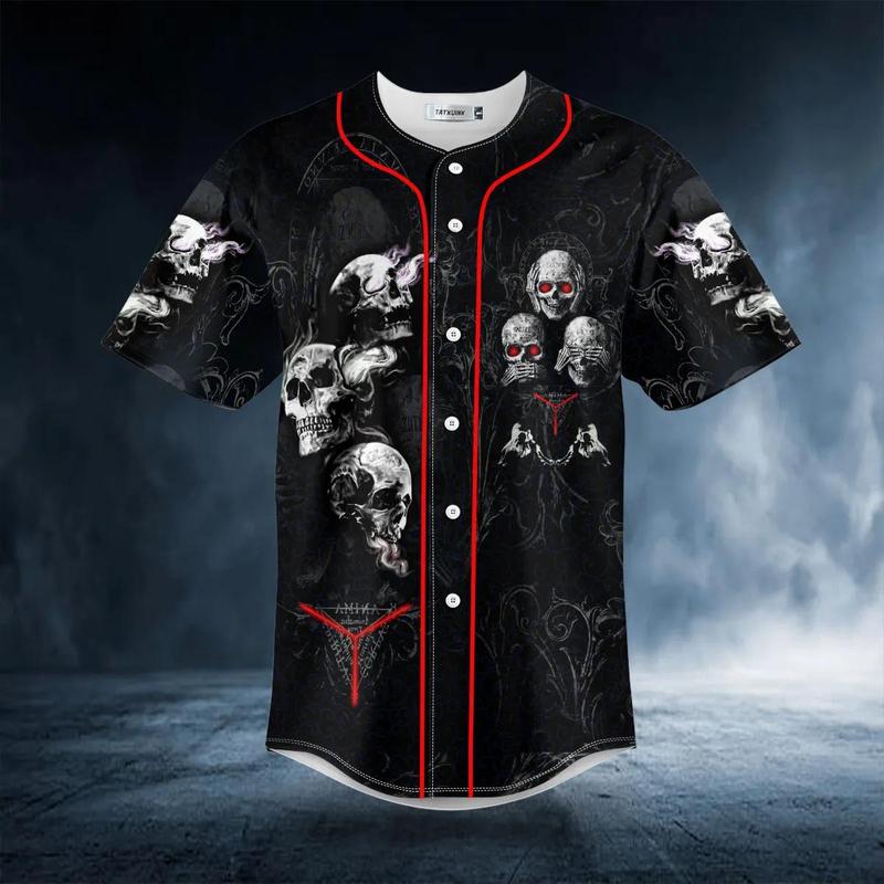 Hear See Speak No Evil Skull Baseball Jersey Skull Graphic Baseball Shirt – Gothic Horror Top, Black and Red Jersey Style for Halloween & Streetwear