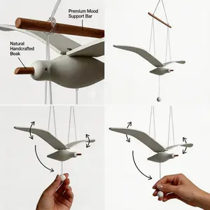 Soaring Seagull Kinetic Wooden Mobile | 25.6" Wingspan Hanging Bird Decor | Relaxing Beach Vibe Ceiling Ornament for Home | Coastal Room Decor Gift