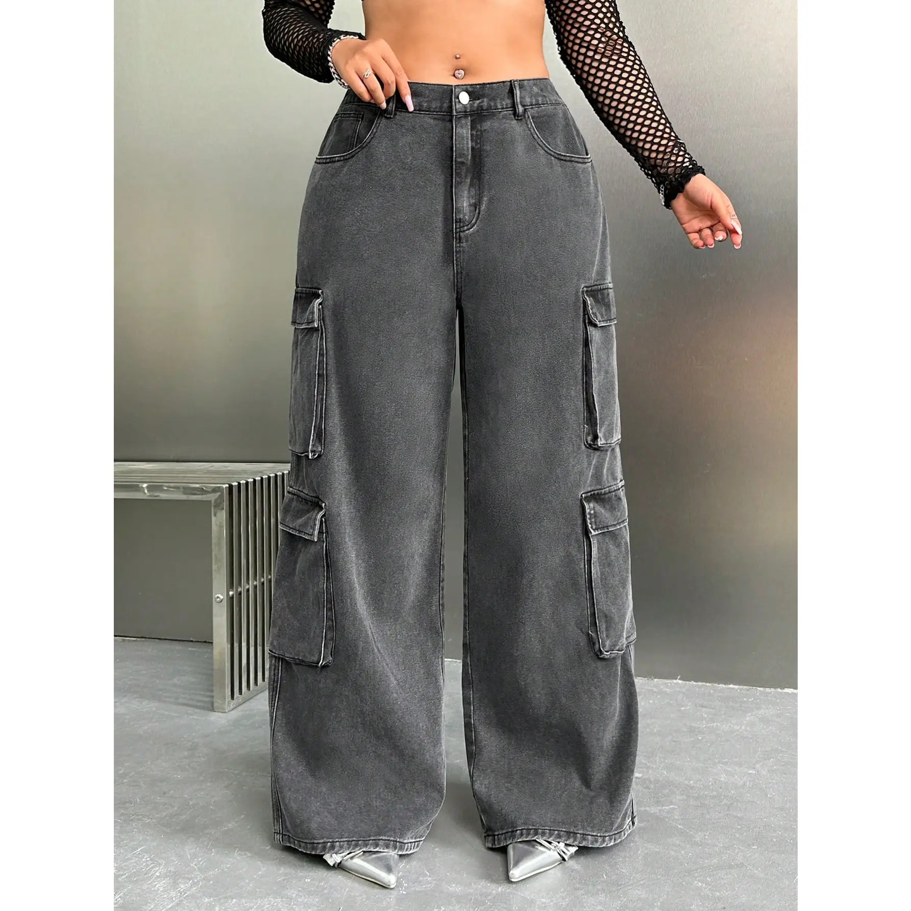 SHEIN X Virginia & Zefelipe Y2K High Waist Black Cargo Pocket plus Size Straight Leg Jeans SHEIN