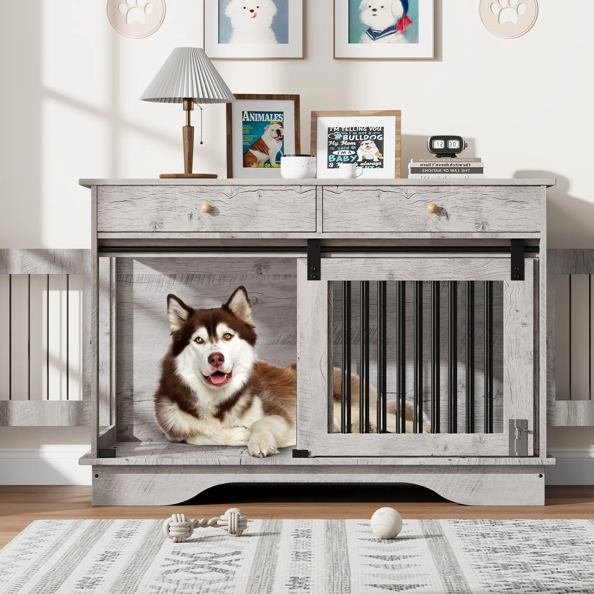 47'' Dog Crate Furniture, Wooden Dog Kennel with Storage Drawers and Sliding Barn Door, Heavy Duty Dog House with Detachable Divider, Dog Cage End Table for 2 Medium Dogs