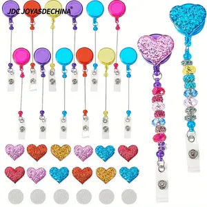 72/36pcs DIY Beadable Badge Reel Kit with 24 Retractable Clips 24 Heart Resin Pieces and 24 Hook and Loop Dots for Nurses Teachers Students and Office Gift Projects