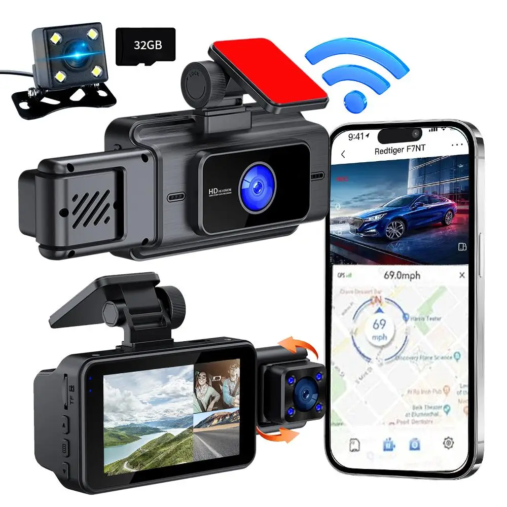 WIFI Car Dashboard Camera, 1 Set 3-Channel Dash Camera with Night Vision, Car Dashcam with 32GB Card, 1080P Full HD 170 Degree Wide Angle Dashboard Ca