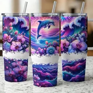 Dolphin Designer 40oz Home Tumbler with Colorful Floral Waves and Straws