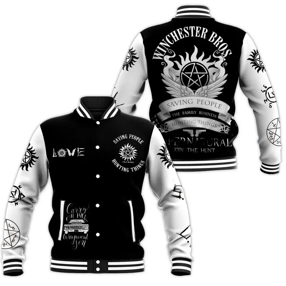 Supernatural Hunter Varsity Jacket, Oversized Winchester Bros Winged Crest Anti Possession Pentagram Symbols Varsity Jacket Casual Sporty Loose Fit Graphic Bomber Outwear Coat For Fall Winter Spring Daily Apparel