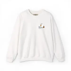 English Bulldog Walking with Ghost Coffee Sweatshirt, Dog Mom Gift, Gildan 18000, Dog Lovers, Christmas Gift, Embroidered Sweat,