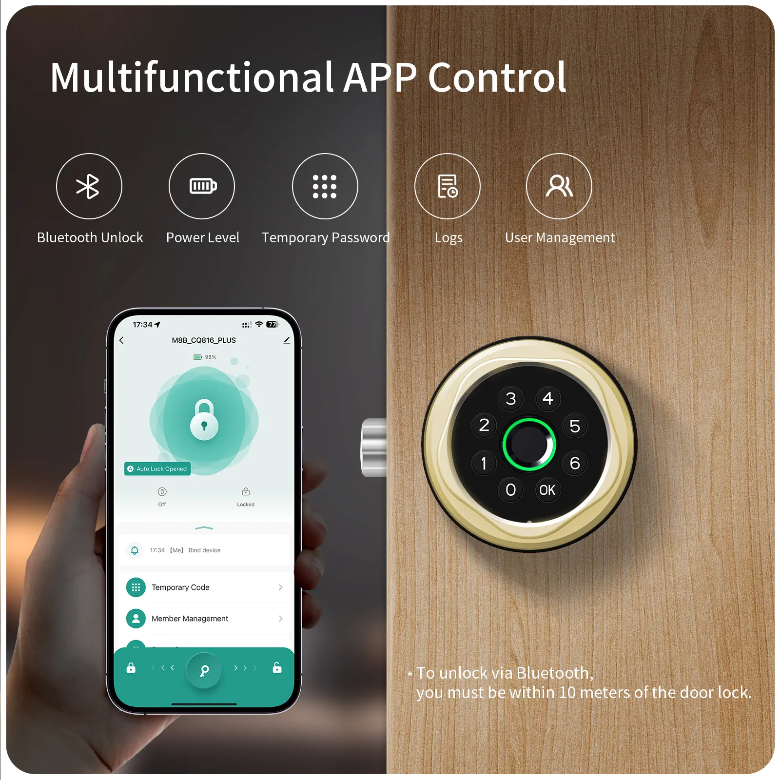 Gold All-Aluminum CNC-Crafted Ball-Type Door Lock Unit for Wooden Doors, Graffiti Design, Bluetooth-Enabled, Button-Type Operation, Fingerprint Scan, Mechanical Key Keyless Entry, Easy Installation, for Apartment Users