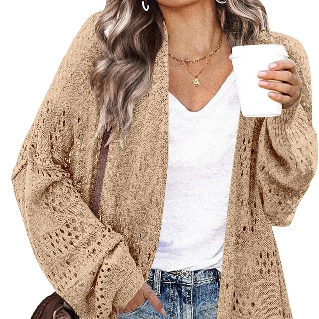 IN'VOLAND Womens Plus Size Crochet Cardigan Kimonos Boho Long Sleeve Oversized Summer Open Front Knitted Sweater Womenswear Beach Casual Fabric Knitwear Batwing Breathable